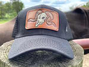 Black Trucker Hat with Tooled Leather Ram Skull Patch Hat