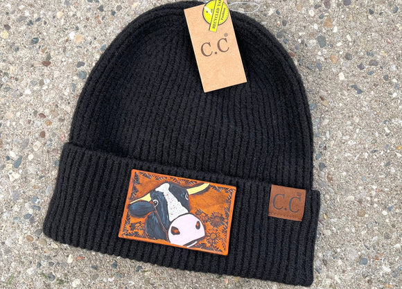 Holstein Cow Bull Tooled Leather Black Beanie Hat Unisex Winter Hat