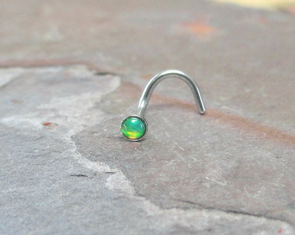 Light Peridot Green Fire Opal Nose Ring Corkscrew Tiny Nose Ring MidnightsMojo