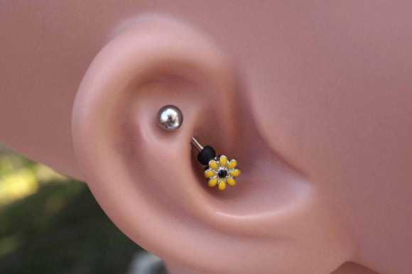 Yellow Daisy Silver Rook Earring Daith Piercing Eyebrow Ring