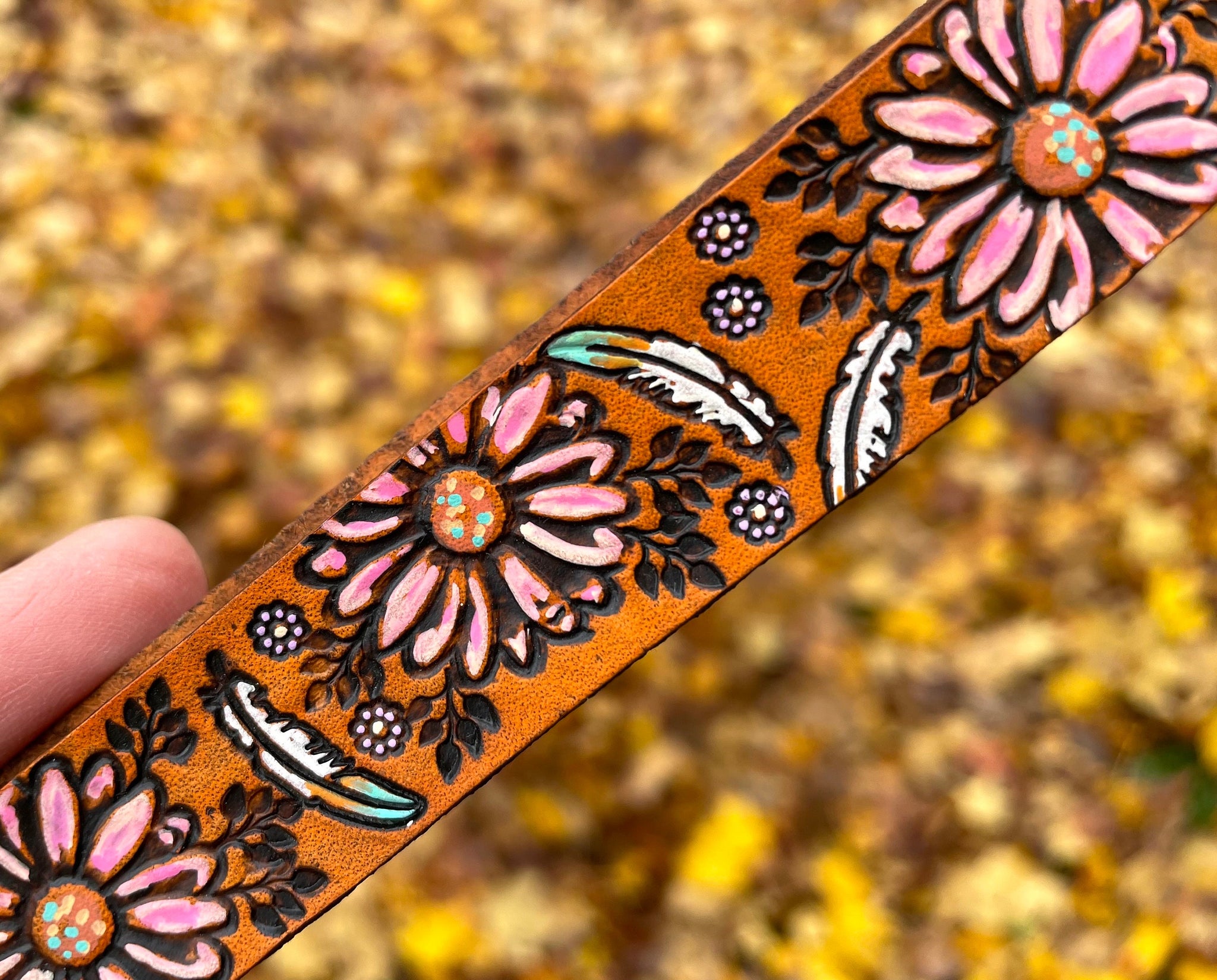 Pink Daisy Flowers and Feathers Leather Keychain Wristlet - Tooled