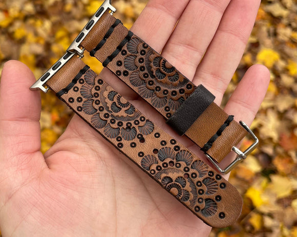 Ready To Ship - 38mm Watch Band Mandala Tooled Leather