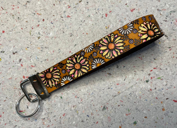 Pink Yellow White Sunflower and Daisy Flowers and Feathers Leather Keychain Wristlet - Tooled Leather Key Chain Loop Lanyard