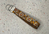 Pink Yellow White Sunflower and Daisy Flowers and Feathers Leather Keychain Wristlet - Tooled Leather Key Chain Loop Lanyard