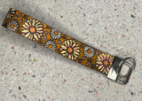 Pink Yellow White Sunflower and Daisy Flowers and Feathers Leather Keychain Wristlet - Tooled Leather Key Chain Loop Lanyard