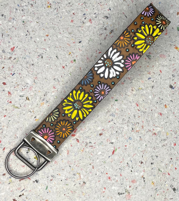 Multi Color Rainbow Sunflower and Daisy Flowers Leather Keychain Wristlet - Tooled Leather Key Chain Loop Lanyard