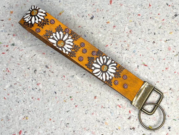 White and Purple Daisy Flowers Leather Keychain Wristlet - Tooled Leather Key Chain Loop Lanyard