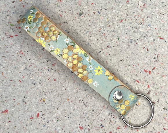 Honeycomb and Daisy Flowers Leather Keychain Wristlet - Tooled Leather Key Chain Loop Lanyard