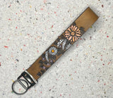 Pink Yellow White Sunflower Dreamcatcher and Feathers Leather Keychain Wristlet - Tooled Leather Key Chain Loop Lanyard - Ready to Ship