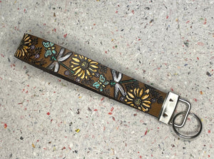 Metallic Silver Dragonflies Sunflowers Butterflies Flowers Leather Keychain Wristlet - Tooled Leather Key Chain Loop Lanyard