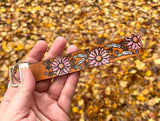 Pink Daisy Flowers and Feathers Leather Keychain Wristlet - Tooled Leather Key Chain Loop Lanyard