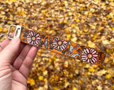 Pink Daisy Flowers and Feathers Leather Keychain Wristlet - Tooled Leather Key Chain Loop Lanyard