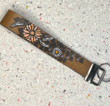 Pink Yellow White Sunflower Dreamcatcher and Feathers Leather Keychain Wristlet - Tooled Leather Key Chain Loop Lanyard - Ready to Ship