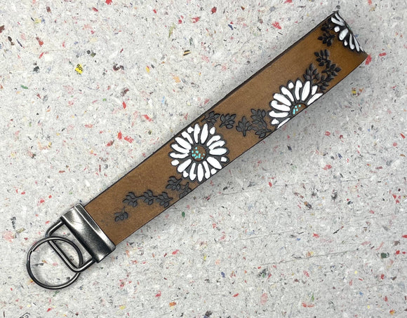 Ready to Ship White Sunflower Daisy Flowers Leather Keychain Wristlet - Tooled Leather Key Chain Loop Lanyard - Gift for Her