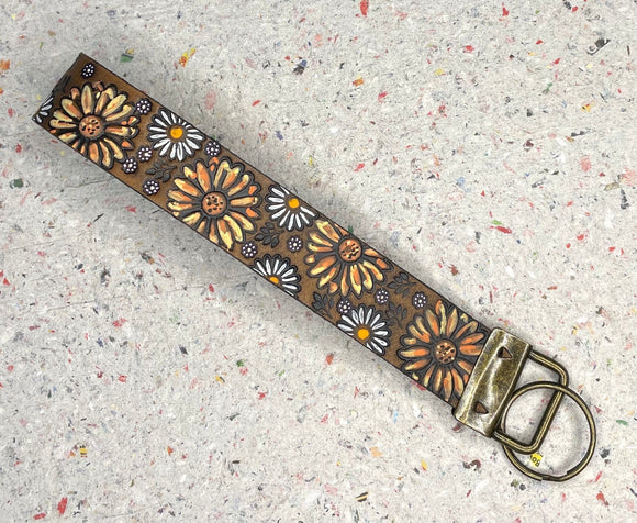 Ready to Ship yellow Sunflower Daisy Flowers Leather Keychain Wristlet - Tooled Leather Key Chain Loop Lanyard - Gift for Her