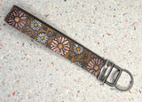 Ready to Ship Pink Lavender Daisy Flowers Leather Keychain Wristlet - Tooled Leather Key Chain Loop Lanyard - Gift for Her