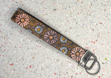 Ready to Ship Pink Lavender Daisy Flowers Leather Keychain Wristlet - Tooled Leather Key Chain Loop Lanyard - Gift for Her