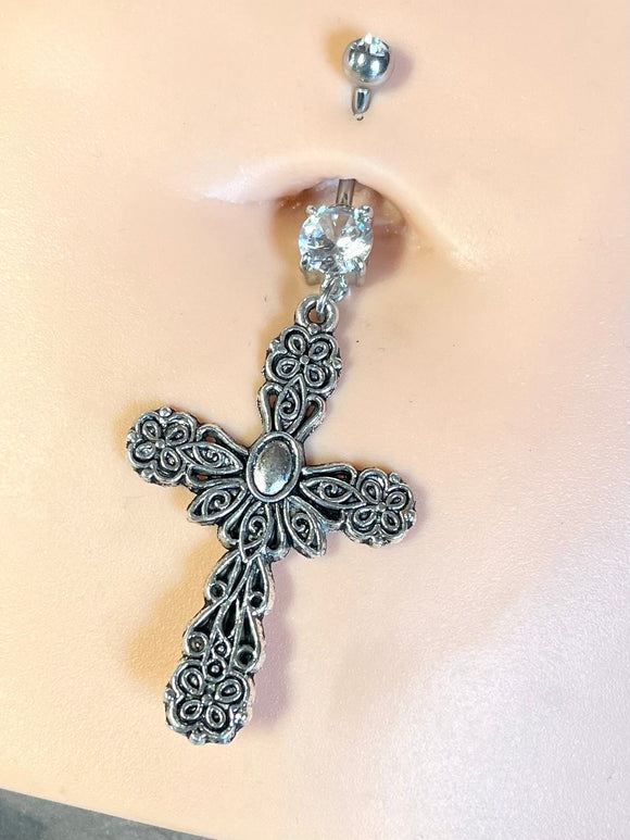 Silver Cross Belly Button Ring