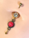 Red Vintage Gem Gold Dangle Yellow Gold Belly Button Navel Rings