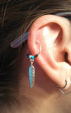 Silver Feather Cartilage Hoop Turquoise Beaded Earring Boho Tragus Helix Piercing