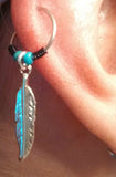 Silver Feather Cartilage Hoop Turquoise Beaded Earring Boho Tragus Helix Piercing