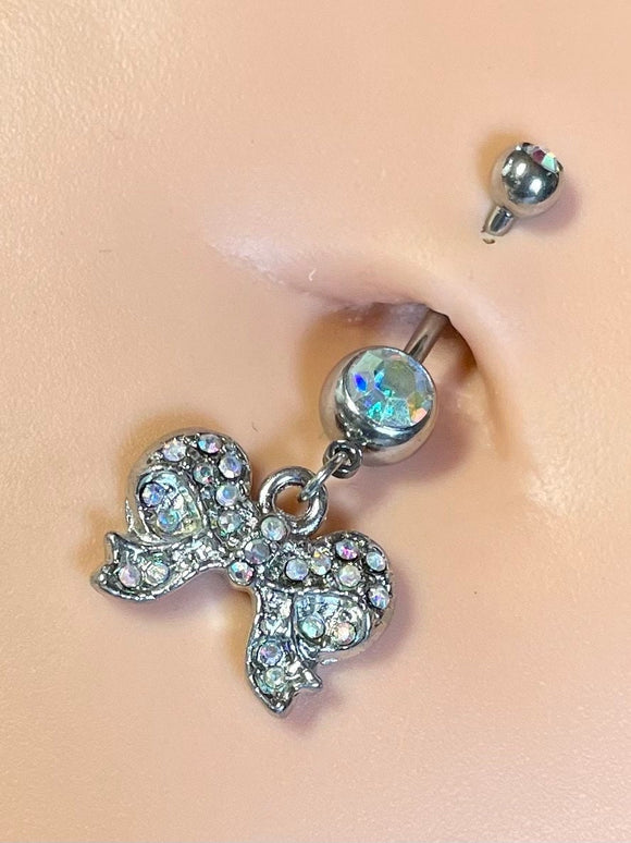 Silver Bow Belly Button Ring with AB Crystals