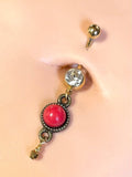 Red Vintage Gem Gold Dangle Yellow Gold Belly Button Navel Rings