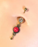 Red Vintage Gem Gold Dangle Yellow Gold Belly Button Navel Rings