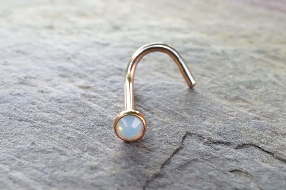 Rose Gold Nose Ring Nose Piercing White Opalite Opal Rose Gold Corkscrew