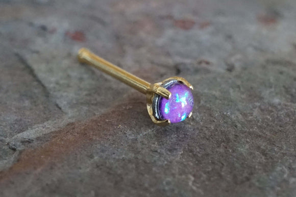 Purple Opal Gold Nose Ring Tiny Gold Nose Stud Prong Set