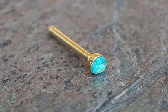 Gold Nose Ring Gold Nose Stud with 2mm Teal Opal