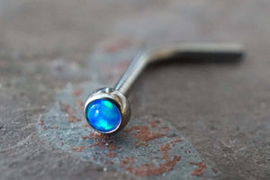 18g 20g Blue Opal Nose Ring, L Bend 20g Opal Nose Stud